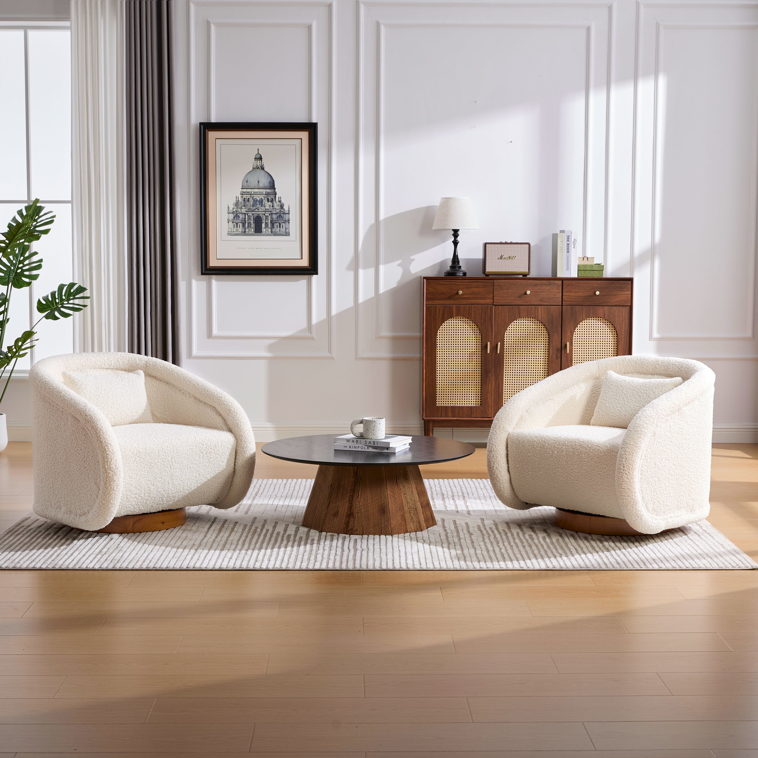 White accent chair rubber wood base close-up