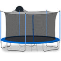 Blue 12-foot trampoline with basketball hoop — front view