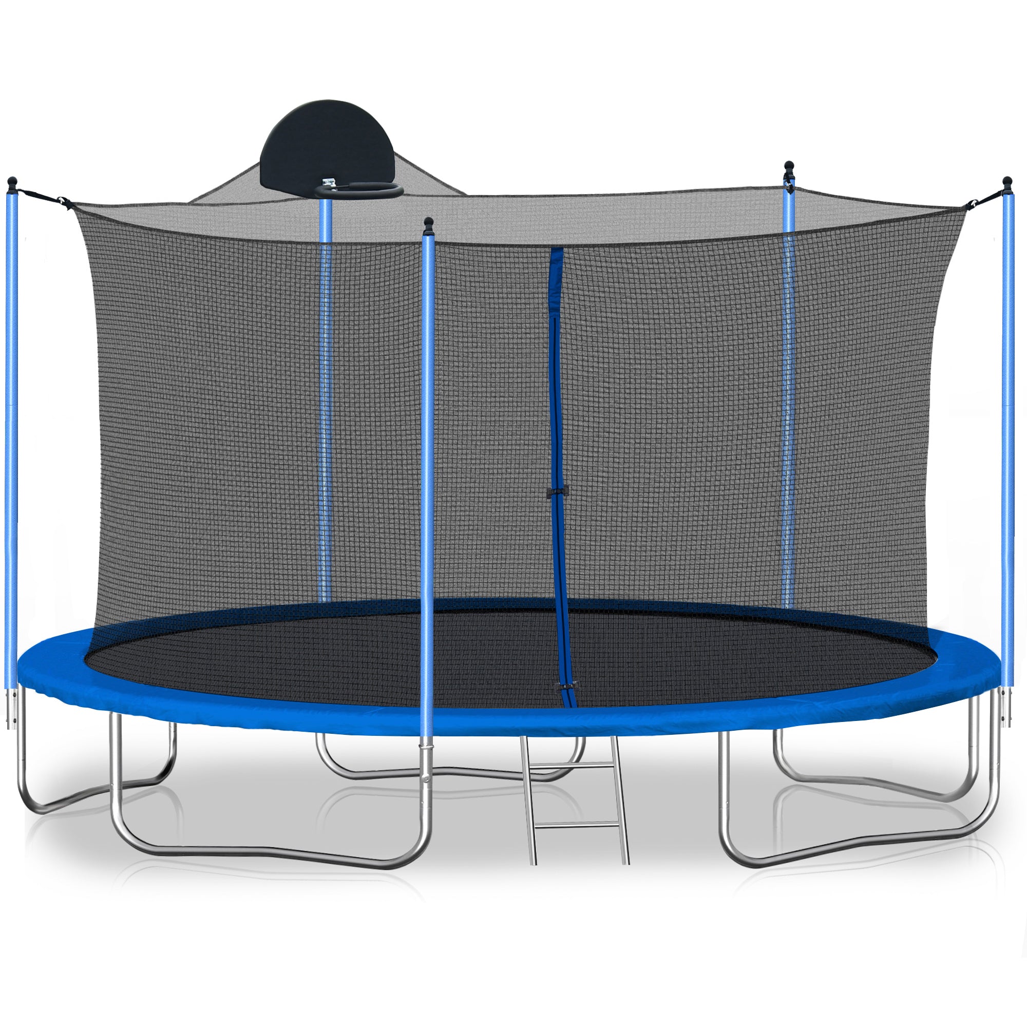 Blue 12-foot trampoline with basketball hoop — front view