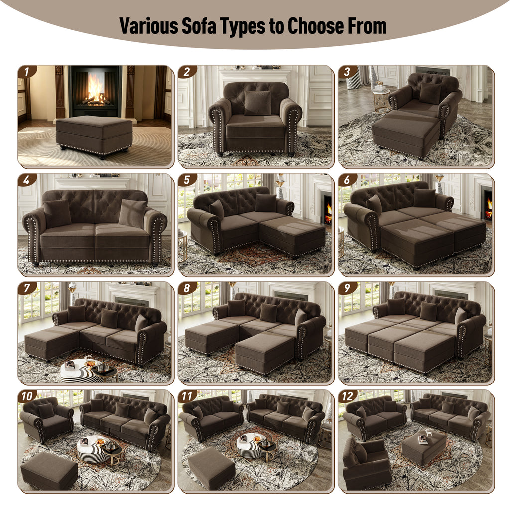 Brown velvet button-tufted upholstery close-up