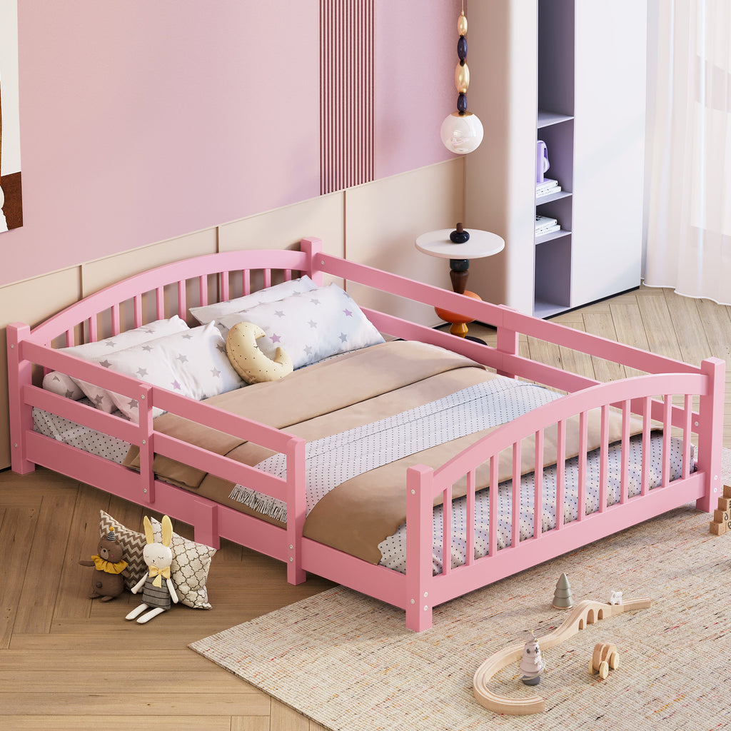 Full Montessori Floor Bed with Slats and Safety Guardrails, Solid Wood Floor Bed with Fence and Without Door, Easy Assemble Montessori Bed for Girls and Boys, Gray