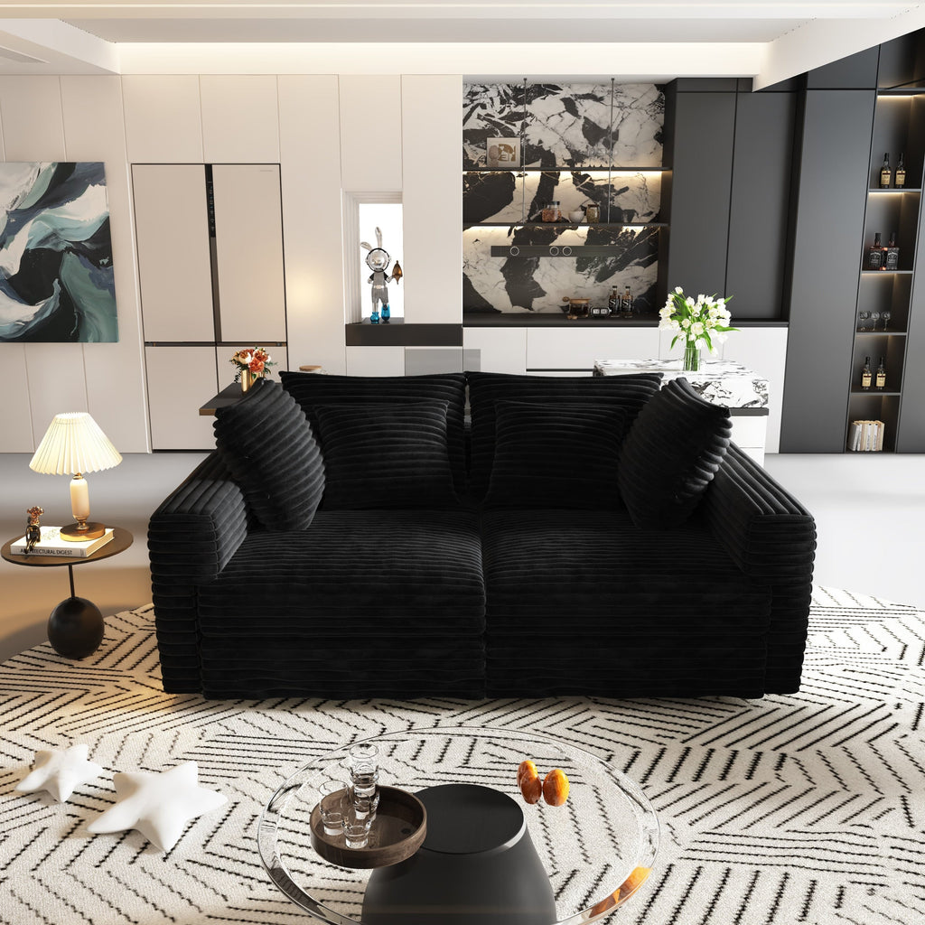 102.4 'Plush Corduroy 4-Seat Sofa,Modern Comfy Upholstered Sofa Cloud Couch,Deep Seat Couches with Soft Pillows and 3 Ottomans,Convertible Sofa Lounge Chair,Black(Old SKU:W1885S00287)