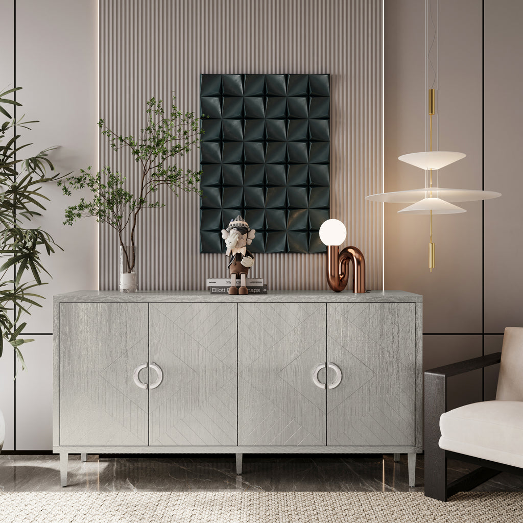 Champagne 4-door storage cabinet with pine legs — front view