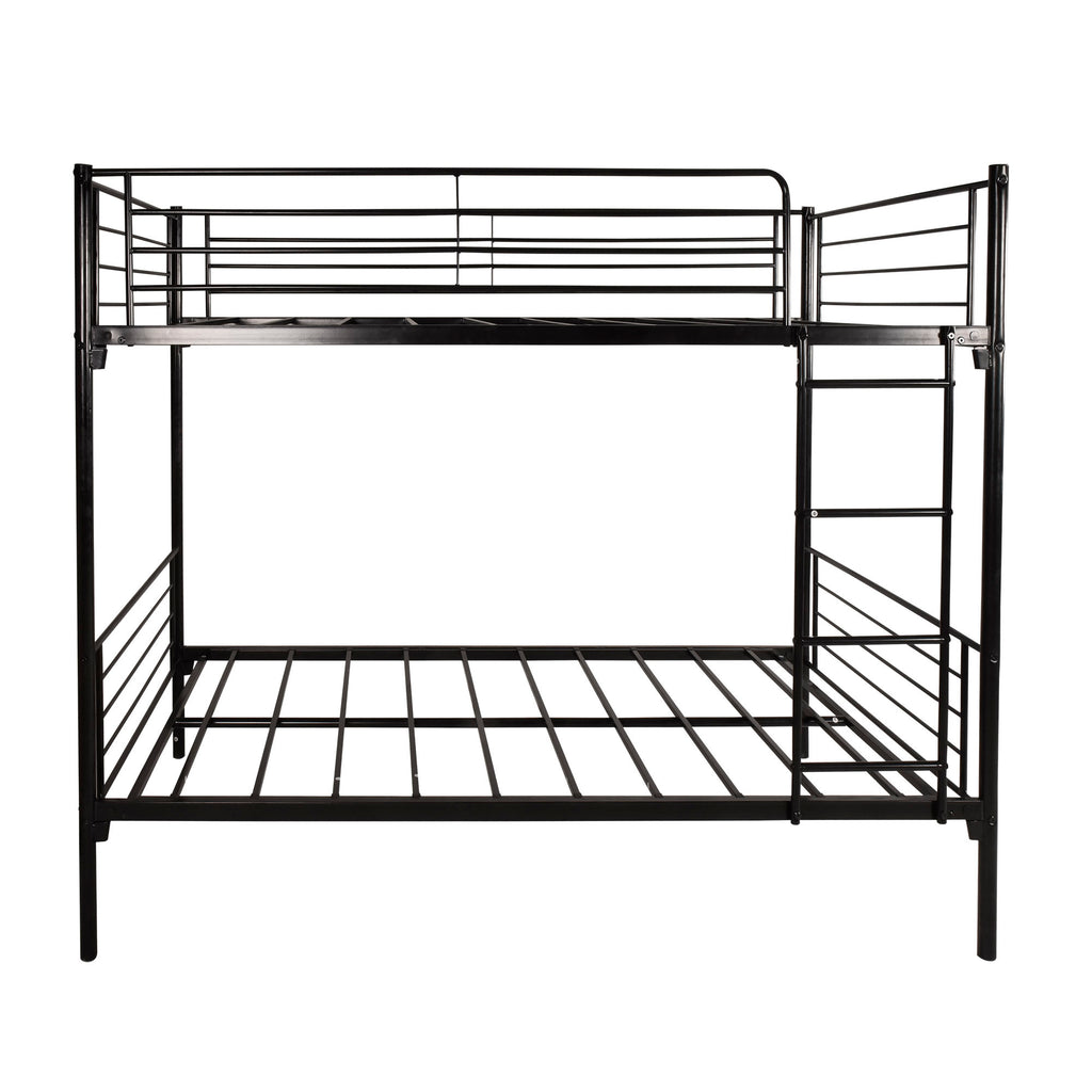 Black twin over twin metal bunk bed with ladder — front view