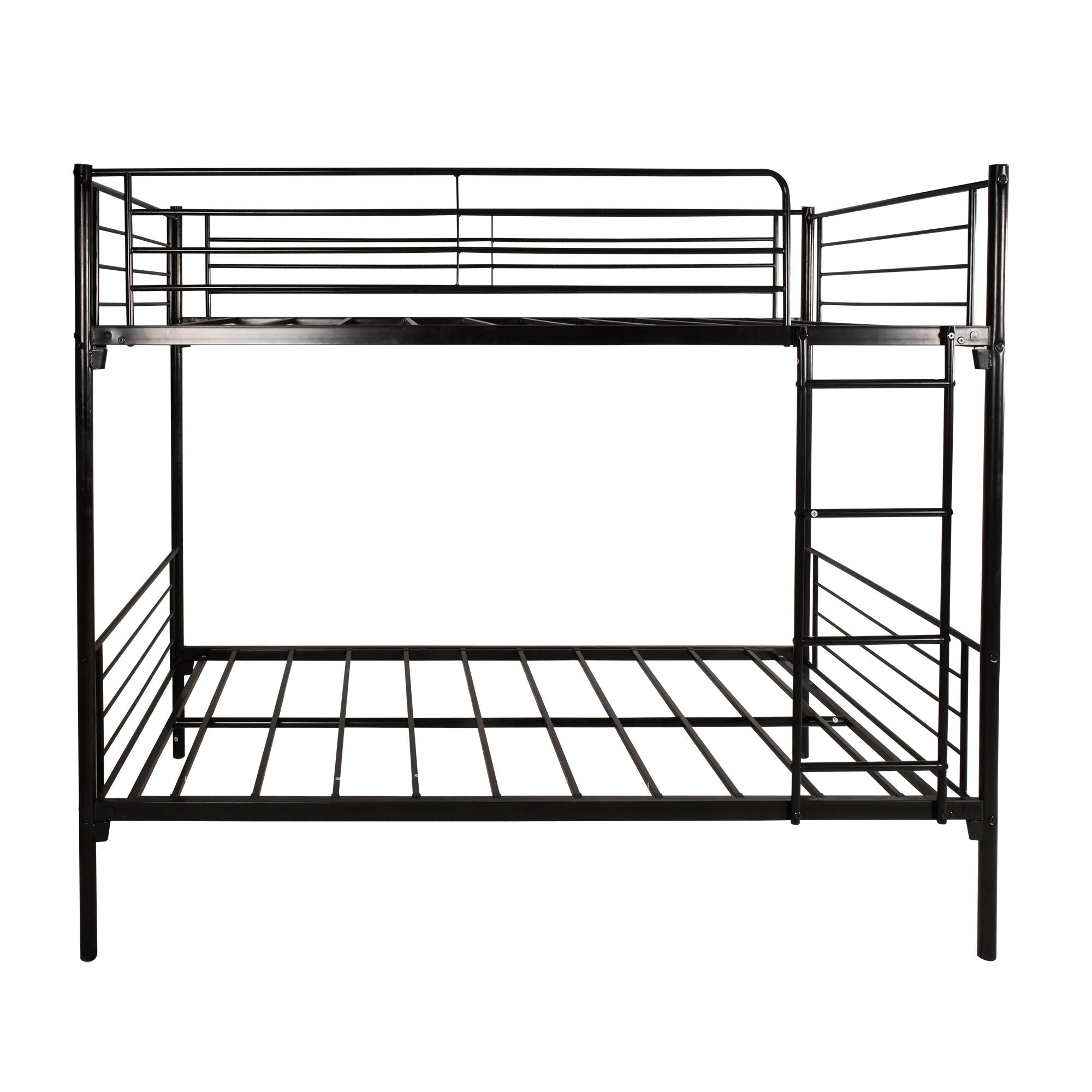 Black twin over twin metal bunk bed with ladder — front view