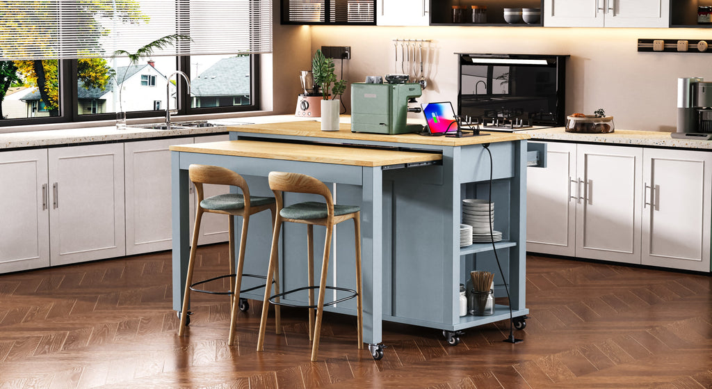 K&K 47 inch Kitchen Island with Extendable Dining Table, Rubber Wood Veneer Kitchen Table with Internal Storage Rack, Power Outlet, Kitchen island with Storage 2 Drawers 2 Cabinet, Black