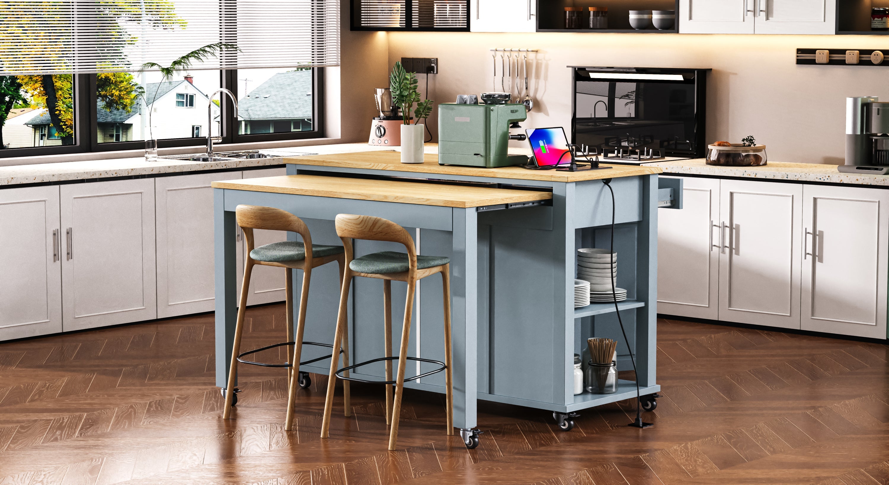 K&K 47 inch Kitchen Island with Extendable Dining Table, Rubber Wood Veneer Kitchen Table with Internal Storage Rack, Power Outlet, Kitchen island with Storage 2 Drawers 2 Cabinet, Black