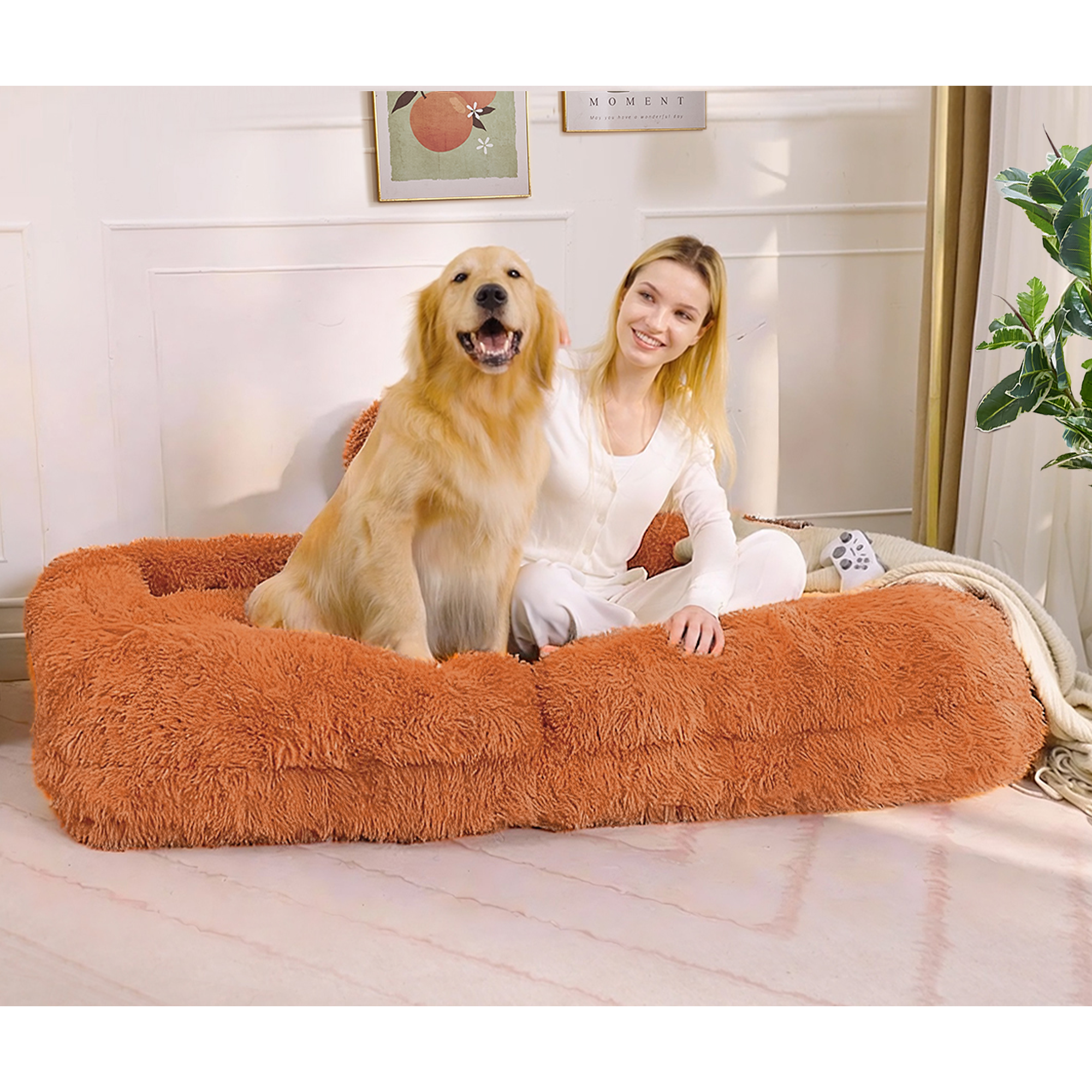 Plush faux fur cover texture close-up orange