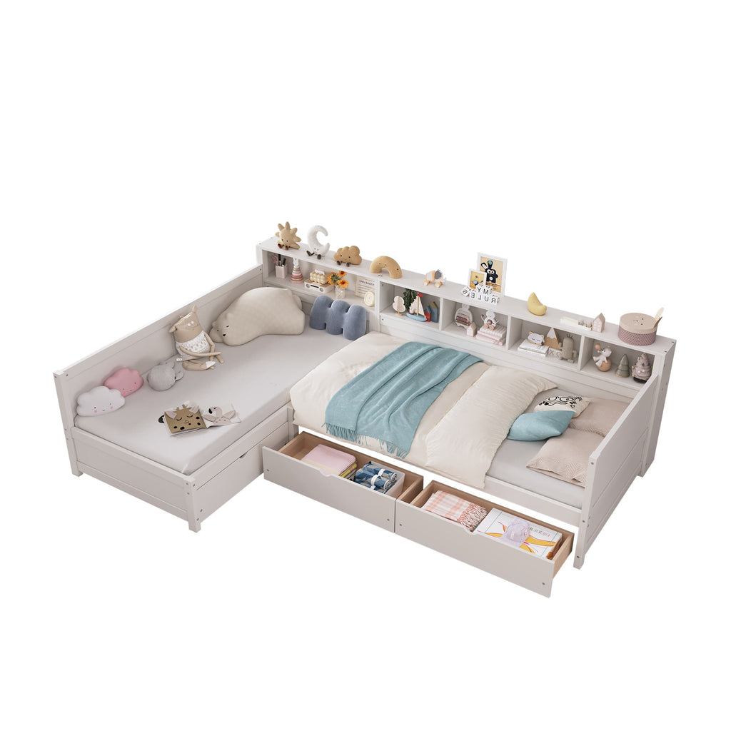 Twin Size Day Bed for 2, L- Shape Twin Size Bed Frame with Storage 3 Drawers, Wooden Corner Bed with Bookshelf, Corner Bed Frame For Bedroom, Living Room,Grey