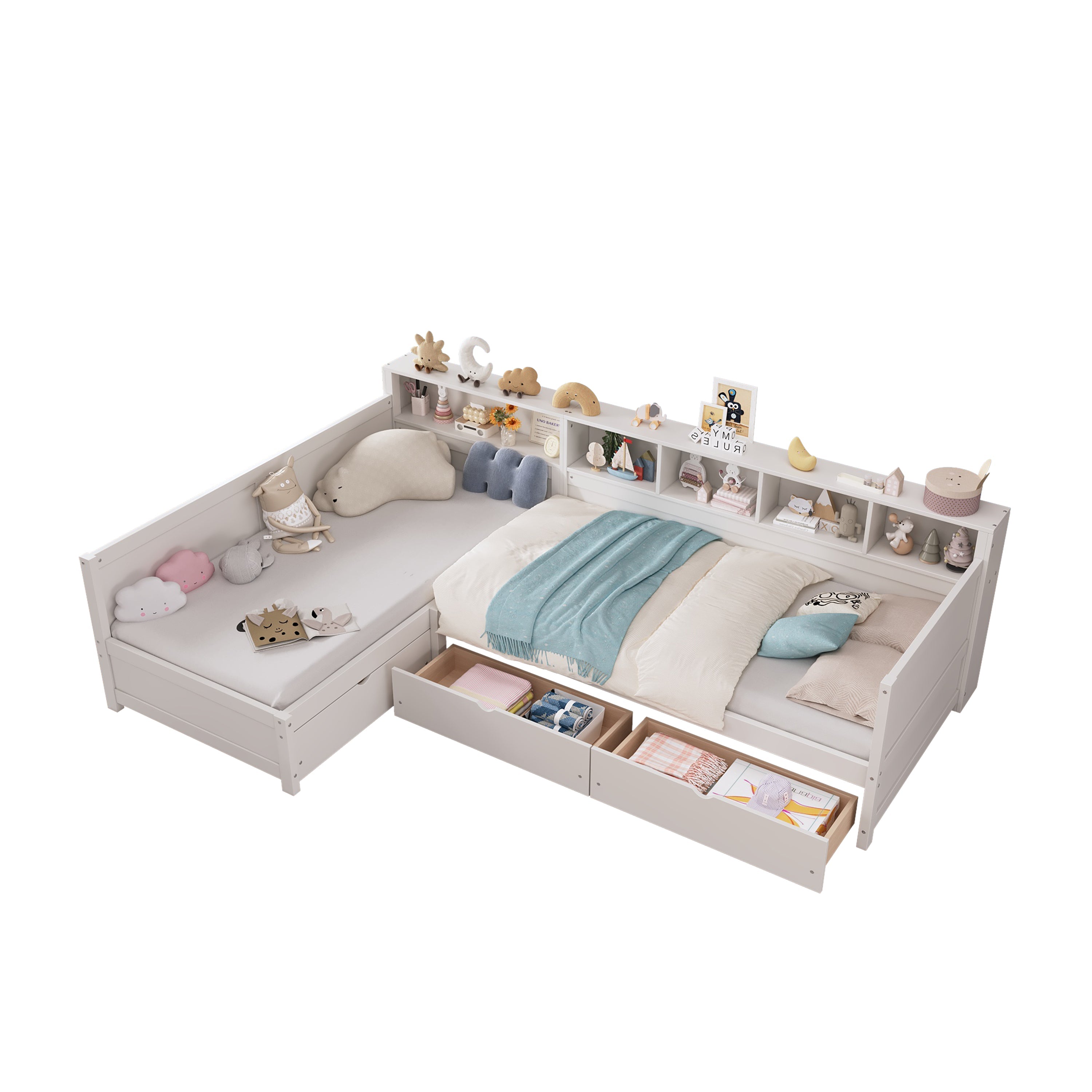 Twin Size Day Bed for 2, L- Shape Twin Size Bed Frame with Storage 3 Drawers, Wooden Corner Bed with Bookshelf, Corner Bed Frame For Bedroom, Living Room,Grey