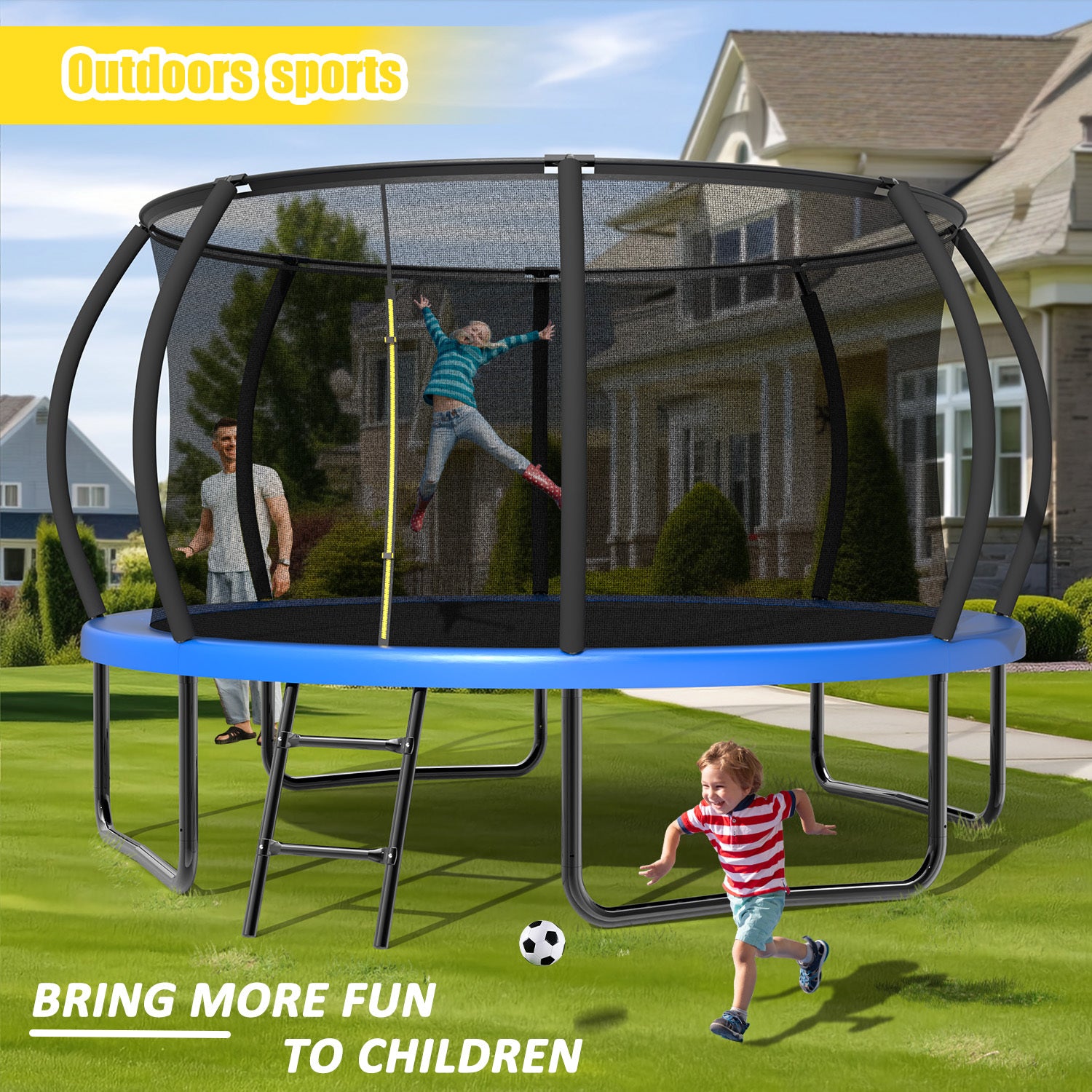 12 ft blue trampoline with basketball backboard and steel ladder