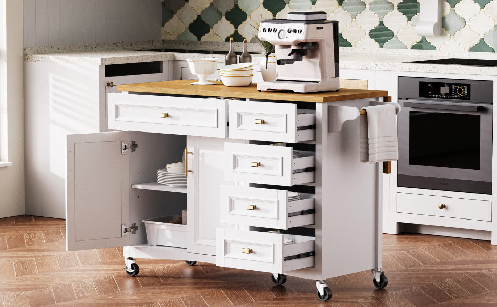 K&K 52'' Kitchen Island with Drop Leaf, Embossed Texture Kitchen Island on Wheels with Spice Rack, Towel Rack, 2 Doors and 5 Drawers, Kitchen Storage Cart with Adjustable Shelf for Kitchen, Blue Grey