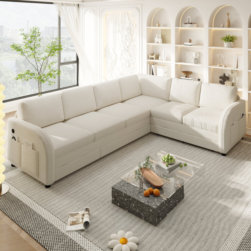 115.2' L-Shaped Sofa Couch with Pull-Out Bed,Oversize Convertible Sleeper Sofa with side Pocket & USB Port,Teddy Upholstered Sectional Couches with Convert Left/Right Facing, Light Grey