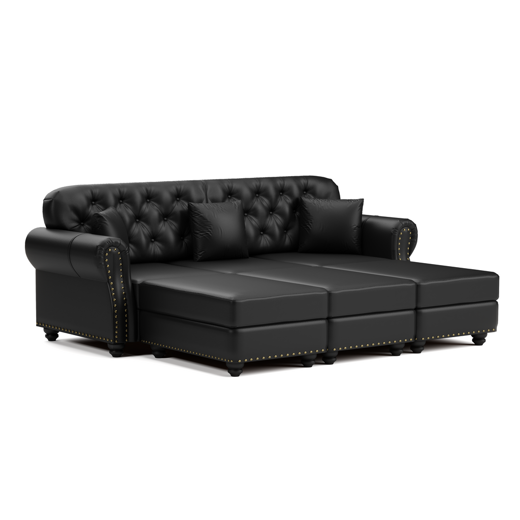 82.6'Upholstered Faux Leather Sofa with Nailhead Trim and Rolled Armrests,Mid-Century Modern Chesterfield Sofa with Button Tufted,Includes 3 Pillows,Black