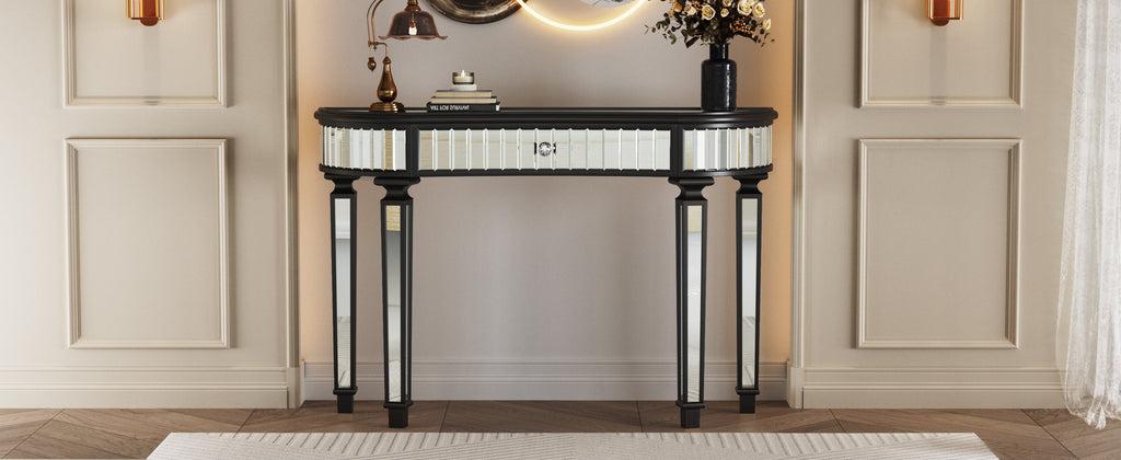 47" Half-Moon Mirrored Console Table — Fluted Glass & Crystal Drawer