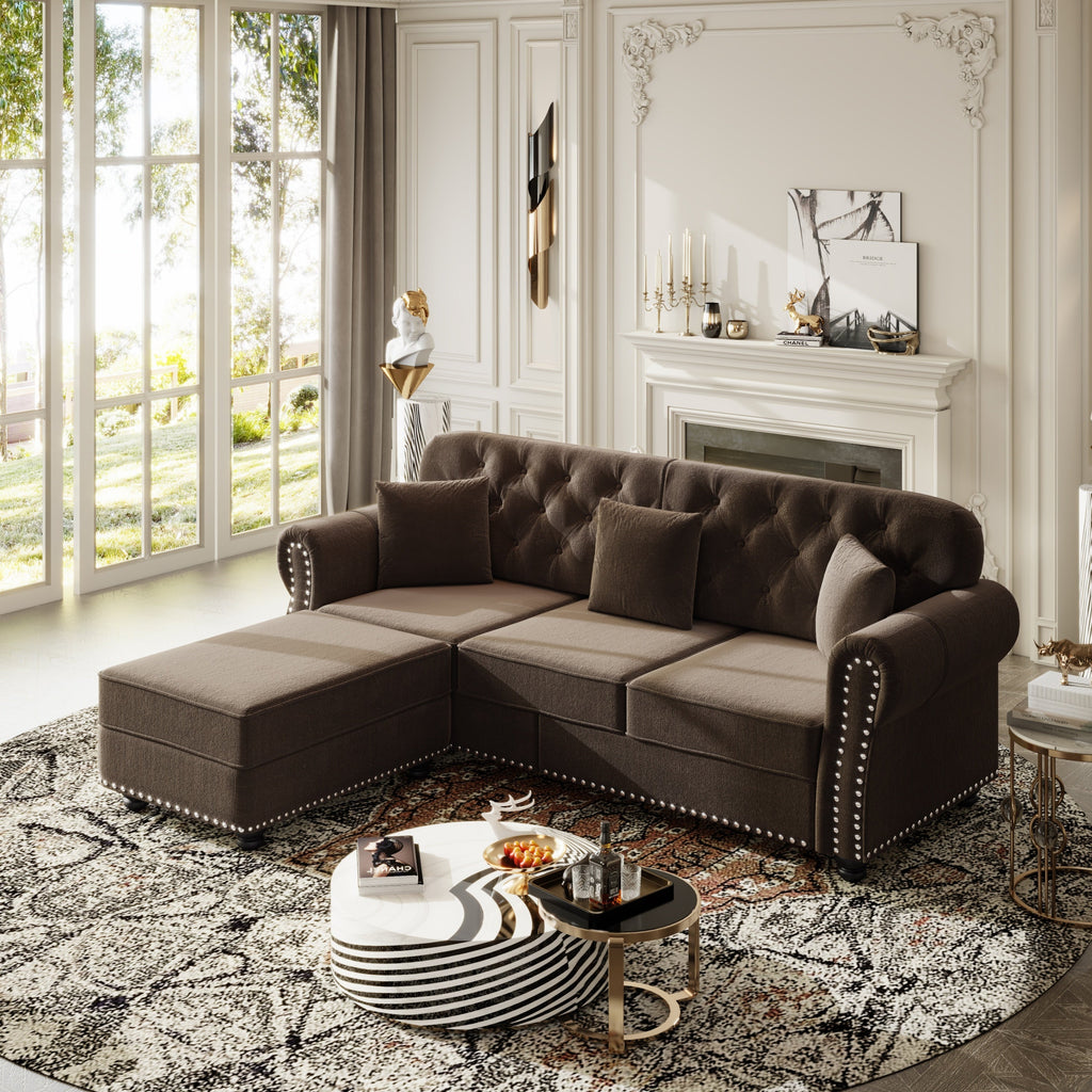 82.6'Upholstered Velvet Sofa with Nailhead Trim and Rolled Armrests,Mid-Century Modern Chesterfield Sofa with Button Tufted,Includes 3 Pillows,Burgundy