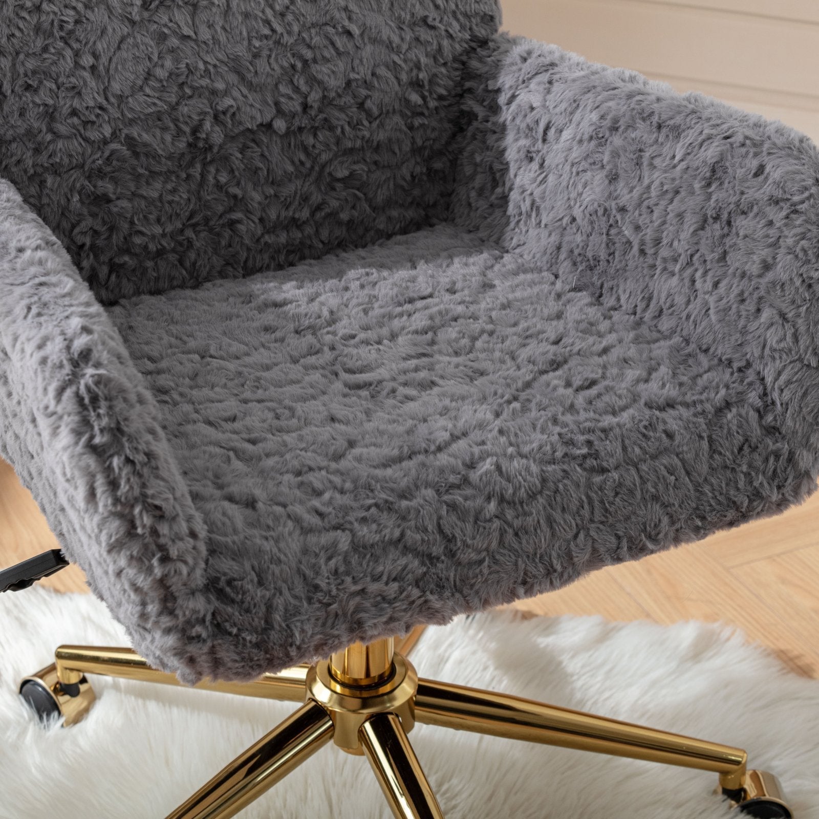 Faux Fur Office Chair — 40° Reclining with Gold Metal Base & Wheels
