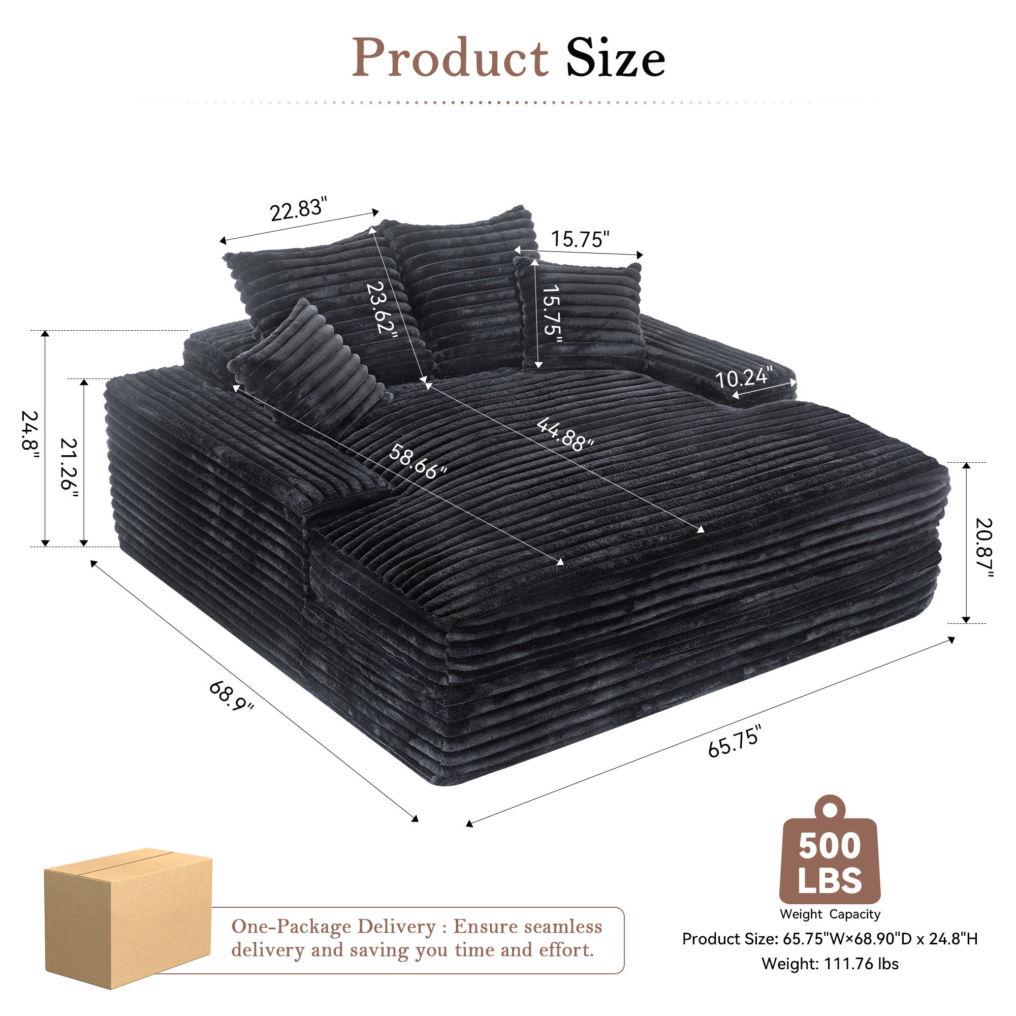 028DR-Oversized chaise Lounge chair, Upholstered Sleeper Sofa Bed with 4 Throw Pillows and Armrests, Corduroy Fabric Plush Lounge Chair Bed for Living Room, Apartment & Small Spaces, Black