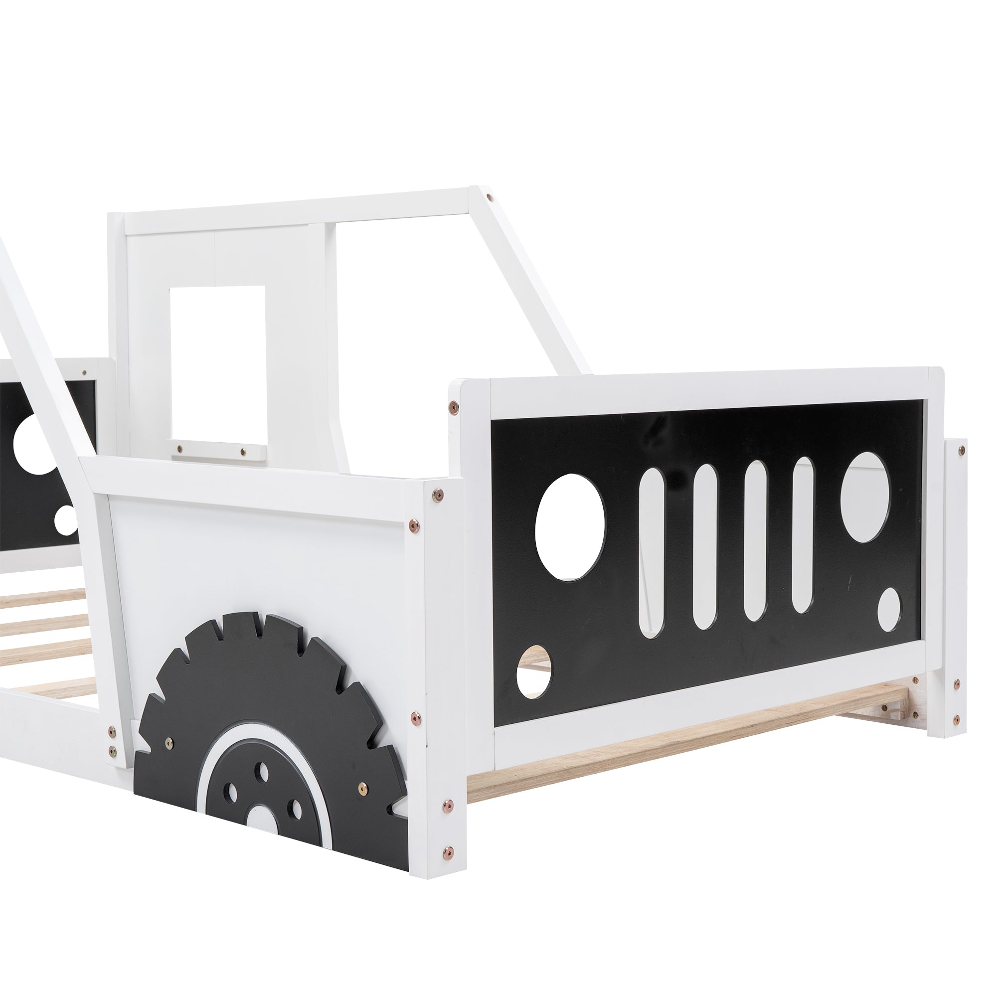 Car-shaped twin platform bed slat support detail