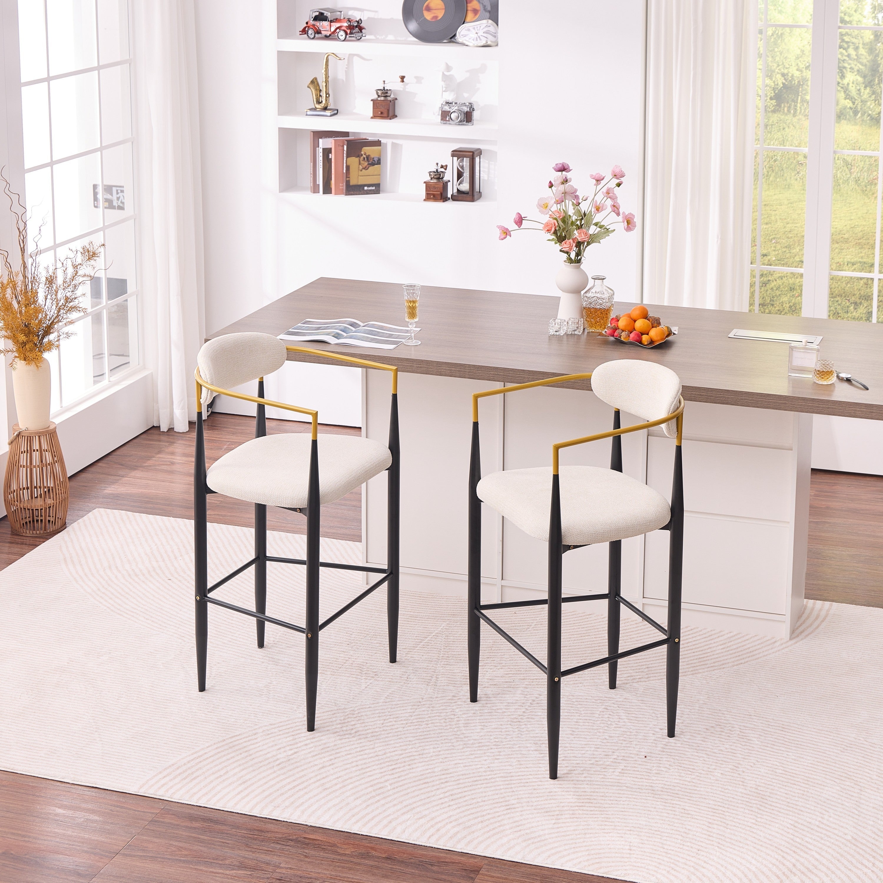 Modern Upholstered Bar Stool with Gold-Accented Armrests - 30' Seat Height,Ergonomic Design for Kitchen Island or Dining Counter Use,Set of 2 - Beige Fabric & Black Metal Frame
