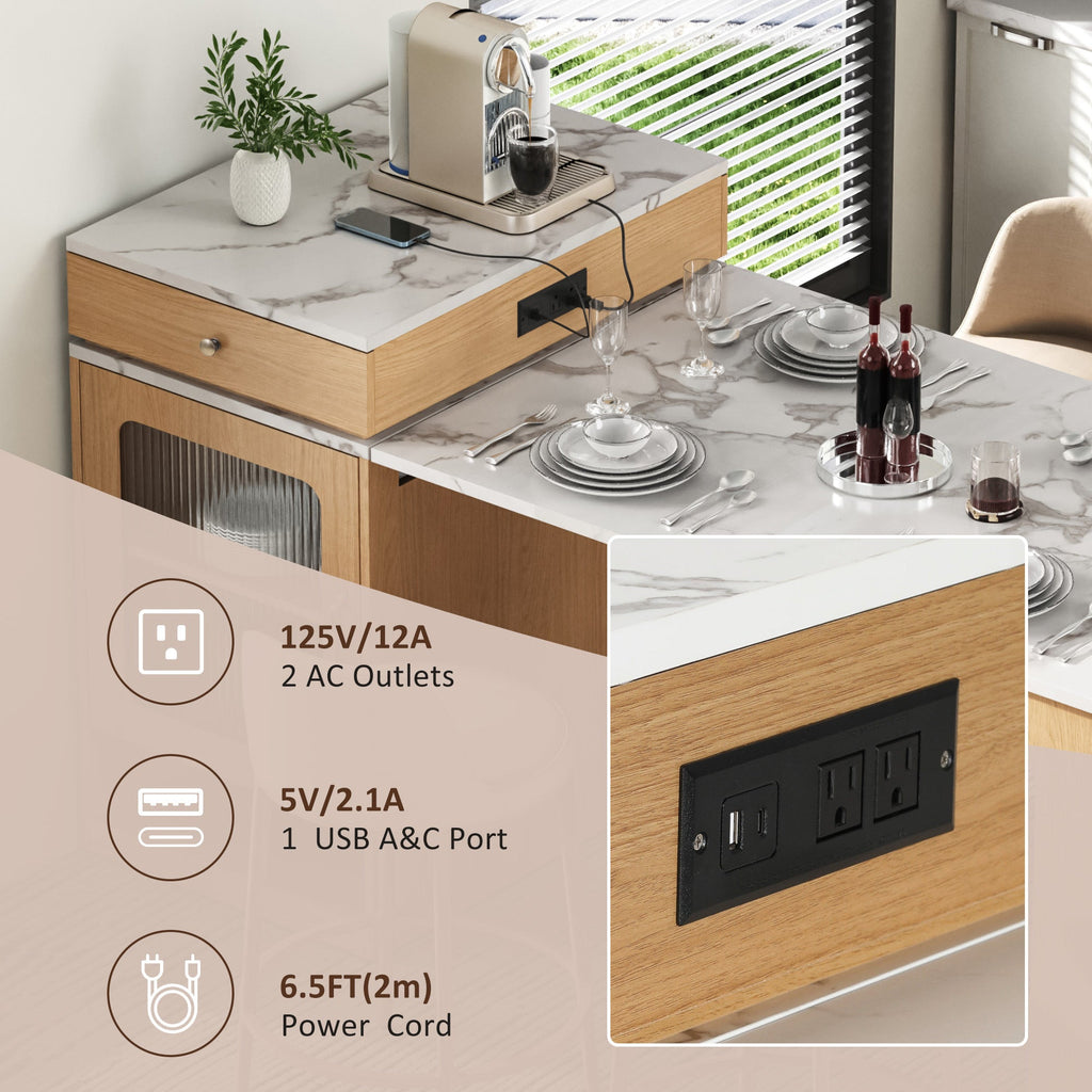 K&K 59.5' Kitchen Island with Extendable Dining Table, Kitchen Storage Table with Double-sided Storage, Kitchen Island with 2 Drawers, Power Outlet, Side Open Shelves, for Kitchen, Dining Room, Black