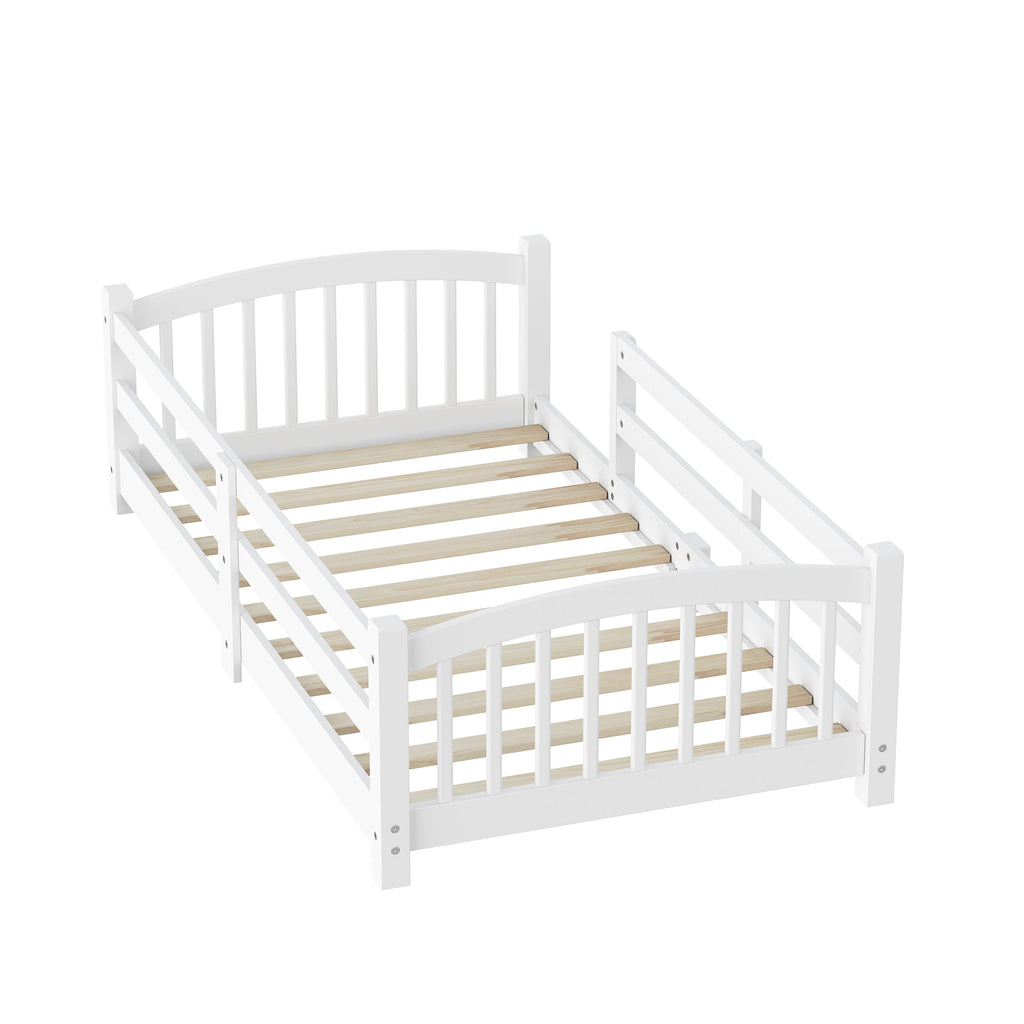 Twin Montessori Floor Bed with Slats and Safety Guardrails, Solid Wood Floor Bed with Fence and Without Door, Easy Assemble Montessori Bed for Girls and Boys, Gray