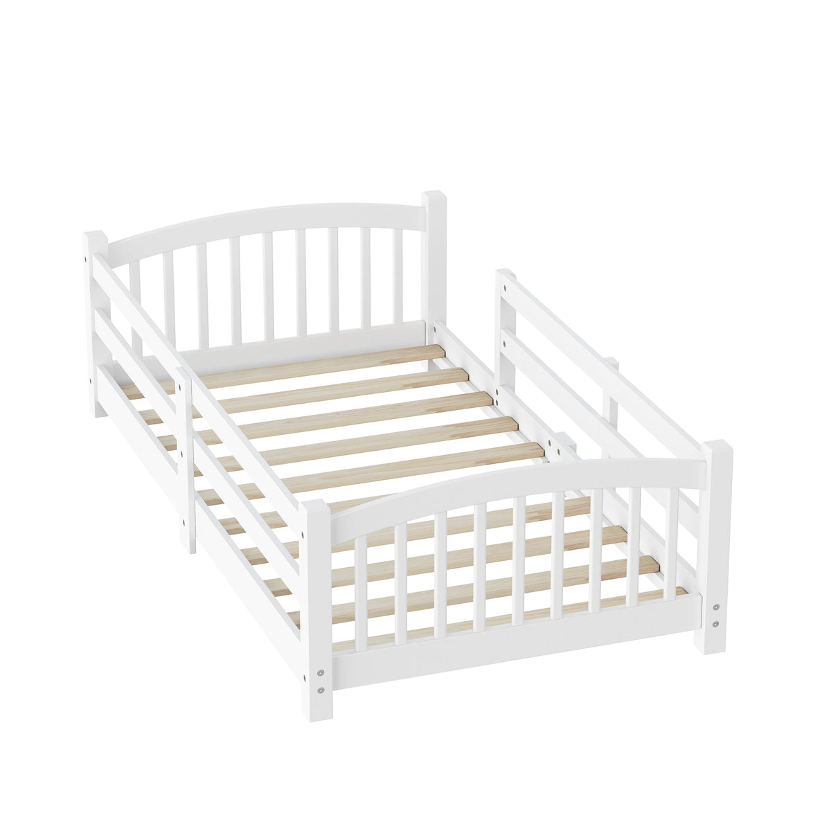 Twin Montessori Floor Bed with Slats and Safety Guardrails, Solid Wood Floor Bed with Fence and Without Door, Easy Assemble Montessori Bed for Girls and Boys, Gray