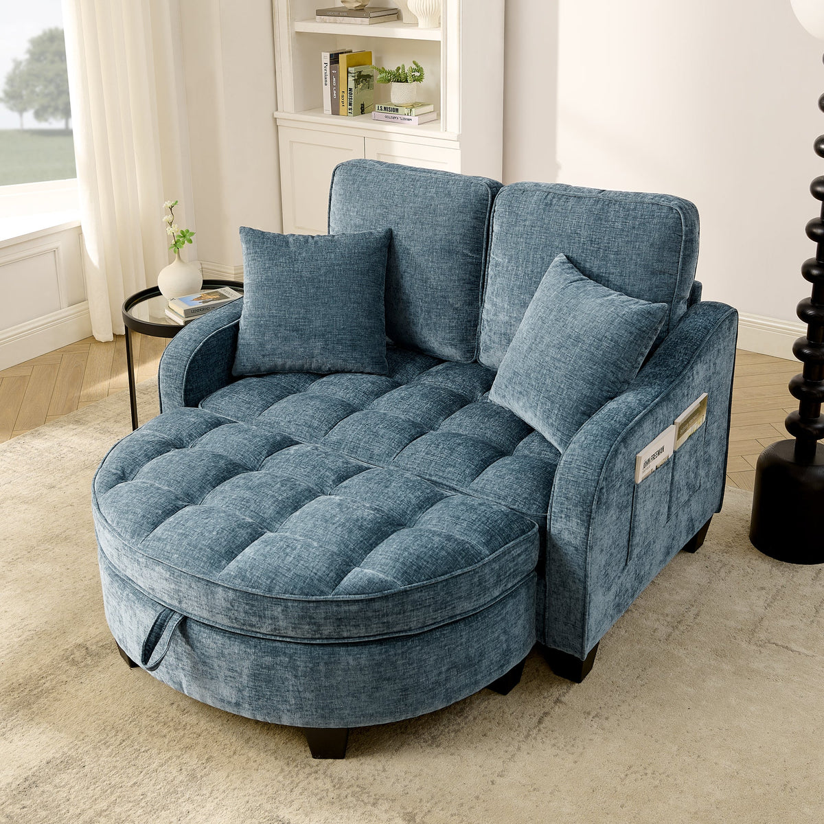 Two-seater sofa, double sofa chaise longue, with irregular armrests and backrests, footrest with storage space, comes with two small throw pillows, suitable for living room and bedroom -Blue