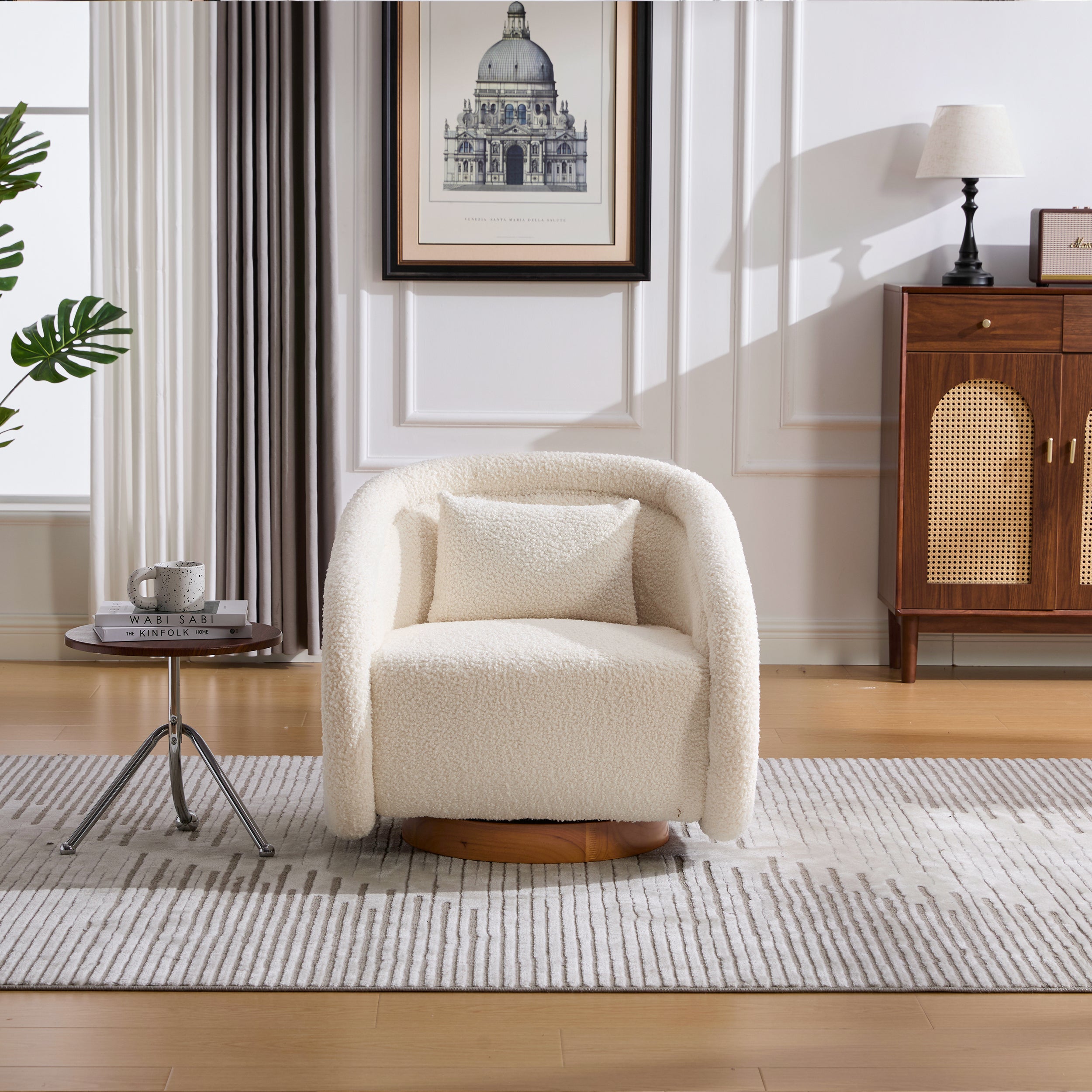 360 swivel white teddy chair in living room setting