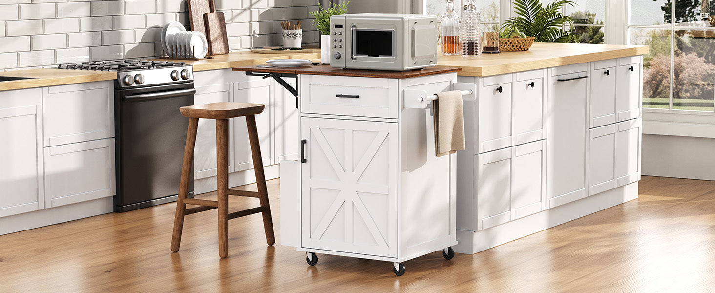 K&K 39.3' Farmhouse Kitchen Island with Drop Leaf, Kitchen Storage Island with Open Side Rack, One Drawer, Towel Rack, Rolling Kitchen Cart with Lockable Wheels for Lawn Garden, Black