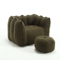 Olive green chenille bean bag chair with footstool — front view