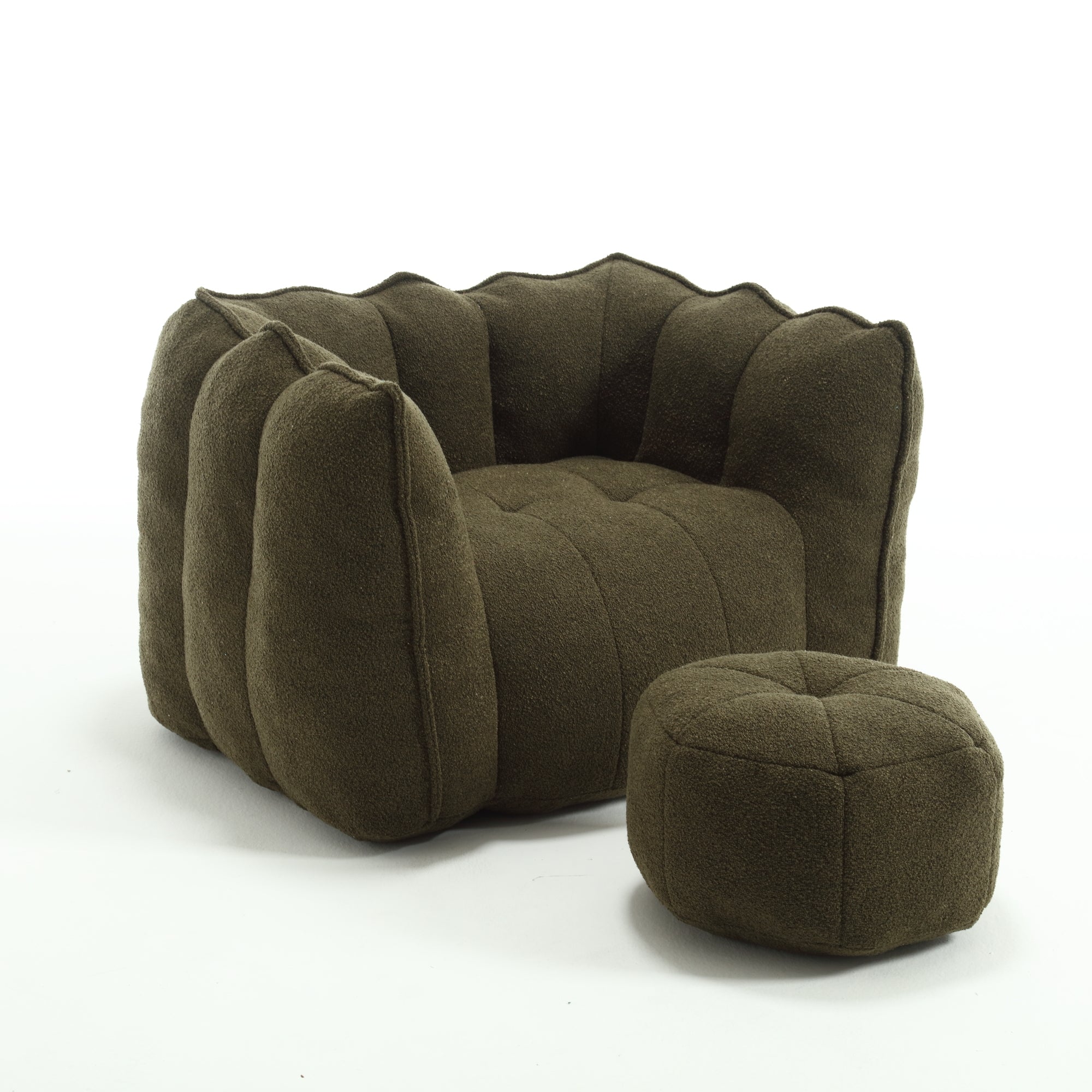 Olive green chenille bean bag chair with footstool — front view