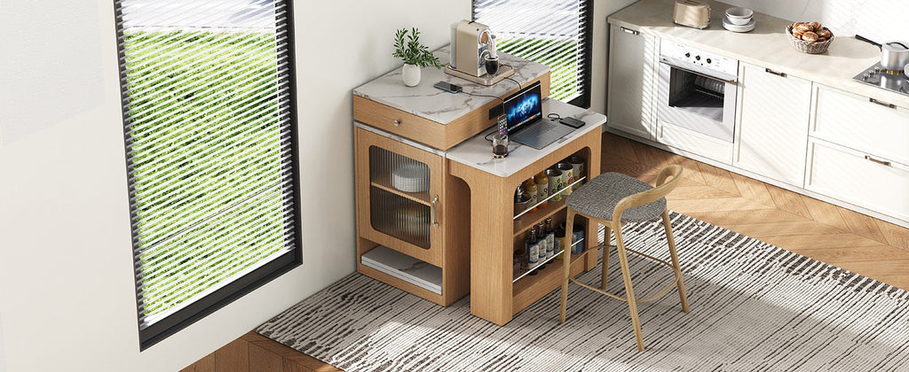 K&K 59.5' Kitchen Island with Extendable Dining Table, Kitchen Storage Table with Double-sided Storage, Kitchen Island with 2 Drawers, Power Outlet, Side Open Shelves, for Kitchen, Dining Room, Black