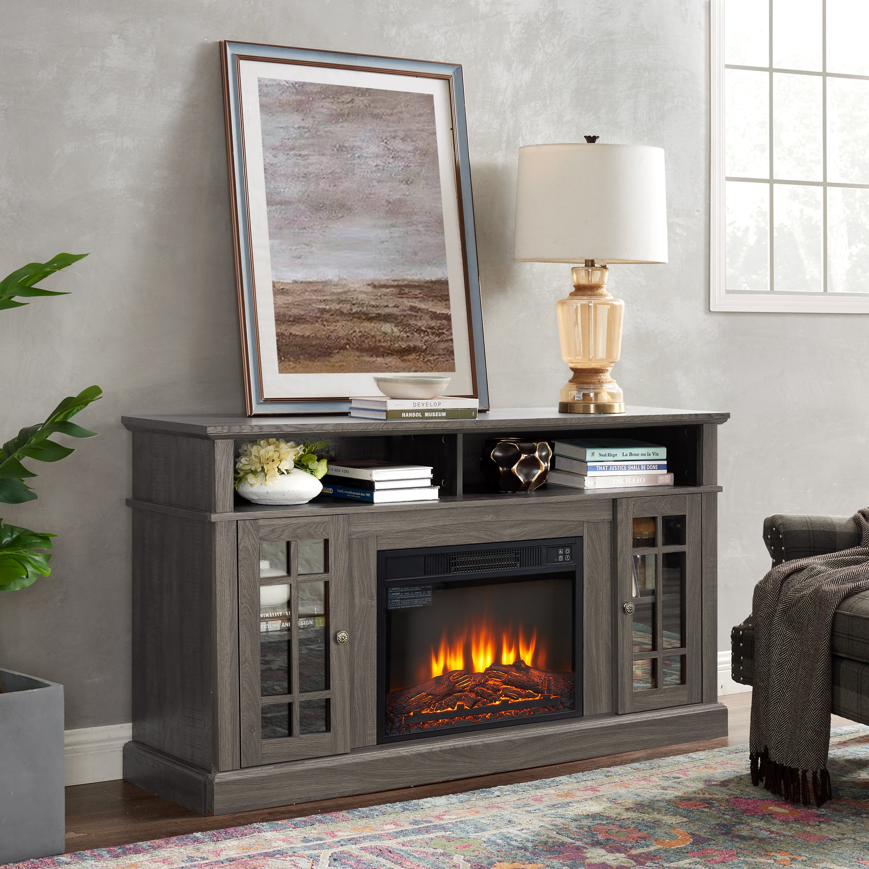 Classic TV Media Stand Modern Entertainment Console with 23' Fireplace Insert for TV Up to 65' with Open and Closed Storage Space, Espresso, 58.25'W*15.75'D*32'H