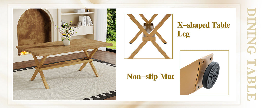 Table and chair set. 71 * 35.4 inch Wood grain MDF splicing desktop with X-shaped metal frame dining table.Includes 8 white PU dining chairs With Black Metal Legs.Making it an ideal choice for home.
