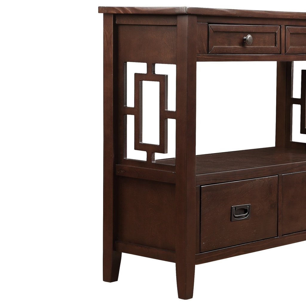 Farmhouse console table bottom hidden drawer handles detail