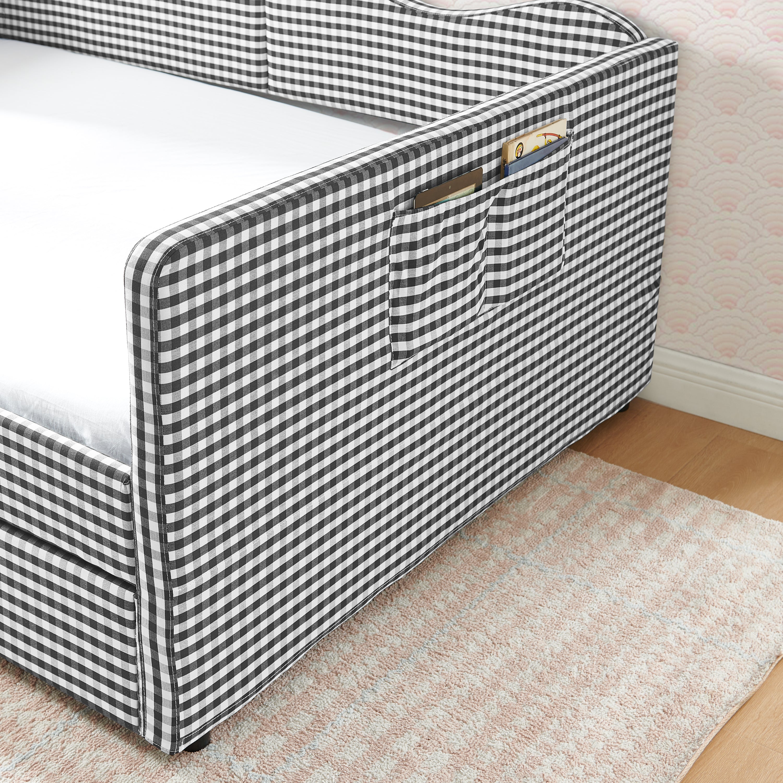 Full‑Size Daybed,Gingham Upholstered Daybed Equipped with Pull-Out Trundle Bed Frame & Side Storage Pocket, Solid Wood Frame Multi-Functional Sofa Bed for Kids Room & Guest Bedroom-PINK