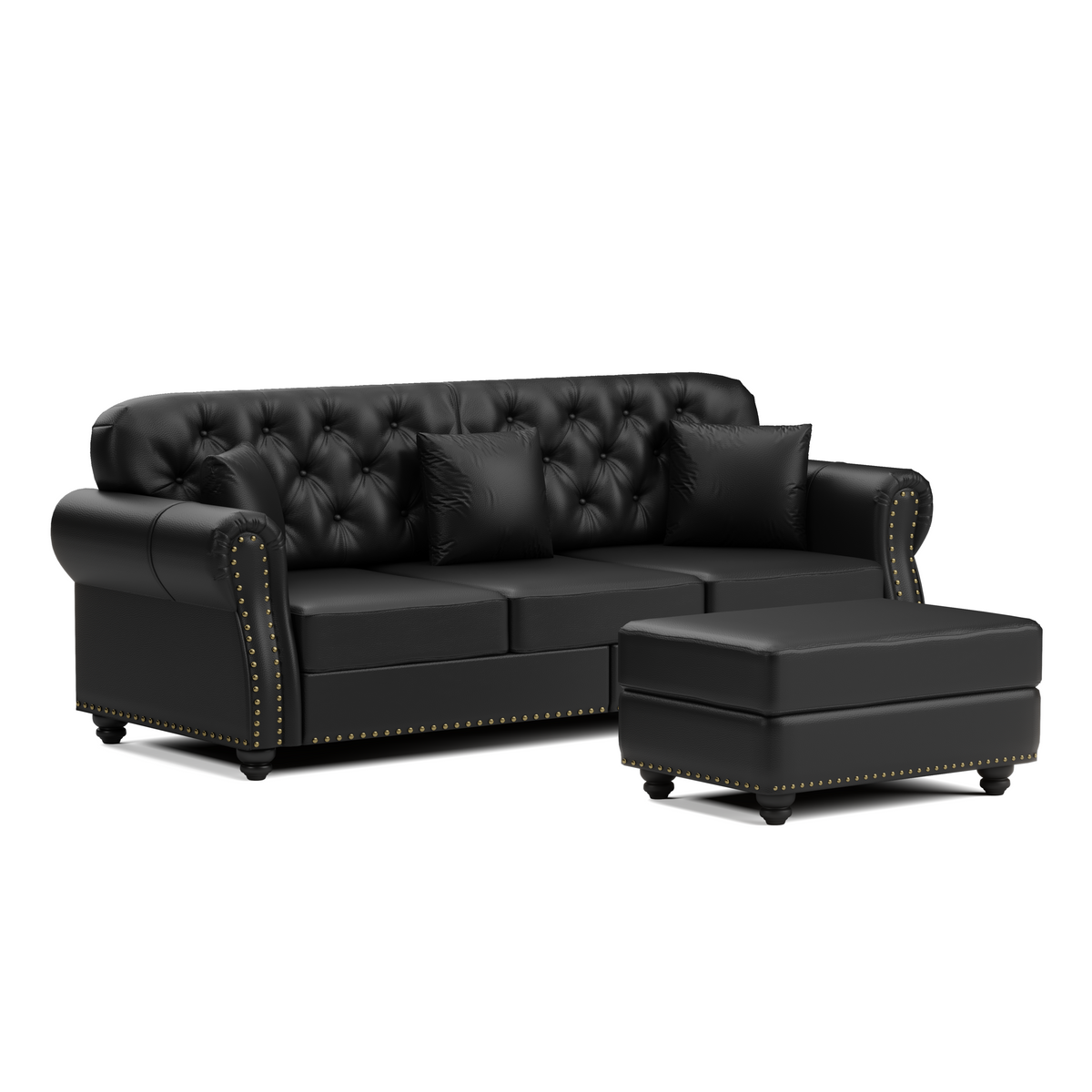 82.6'Upholstered Faux Leather Sofa with Nailhead Trim and Rolled Armrests,Mid-Century Modern Chesterfield Sofa with Button Tufted,Includes 3 Pillows,Black