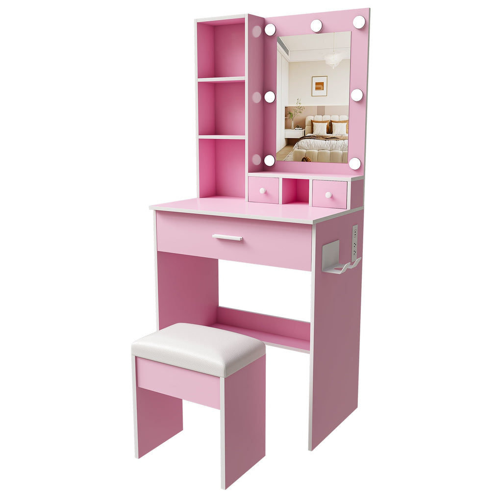 Vanity Table with Mirror, Adjustable LED Lights, Power Outlet, Hairdryer Holder & Stool – Compact Dressing Desk for Small Bedrooms