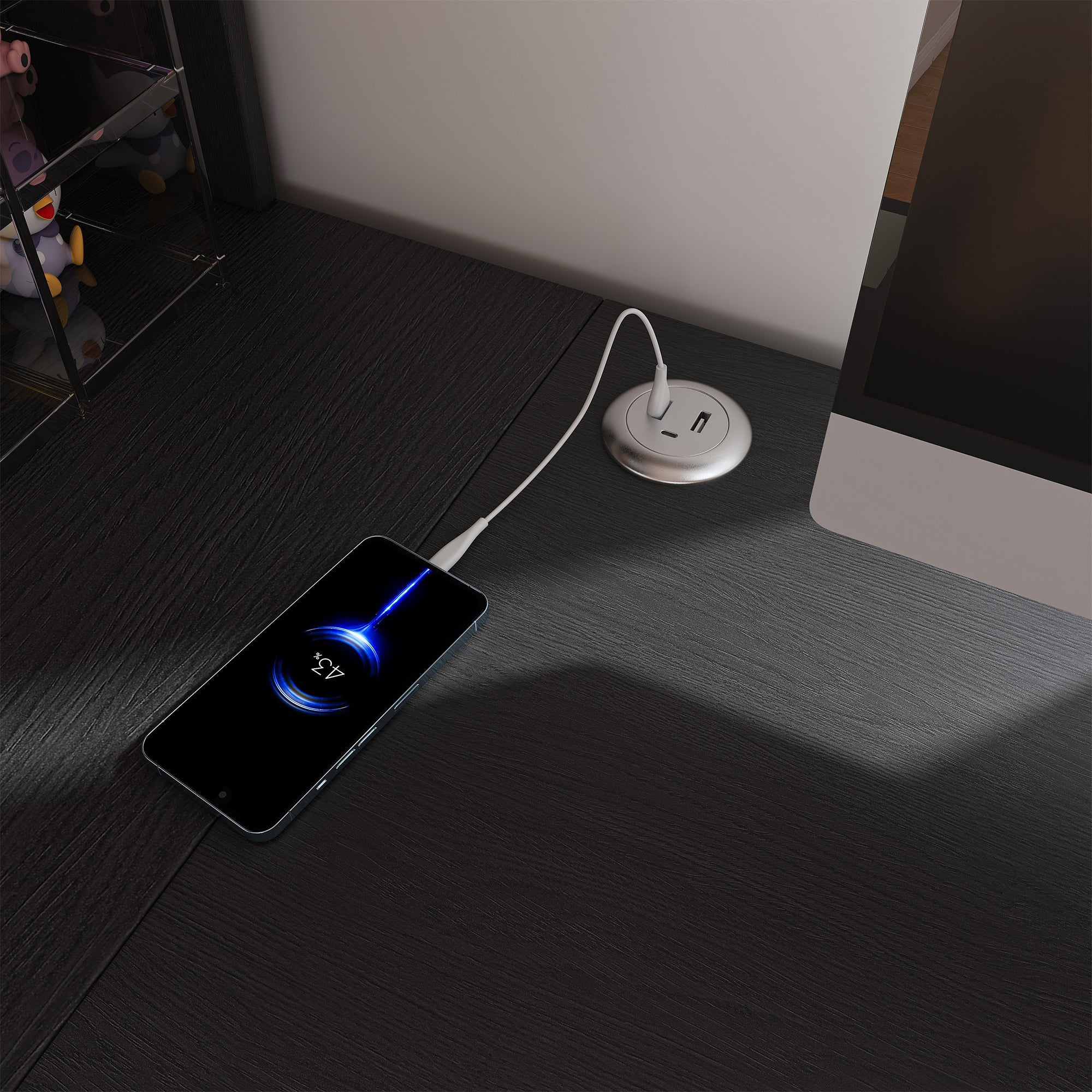 L-Shaped Computer Desk with Glass Cabinets, LED Lights & USB Charging — 43-Inch
