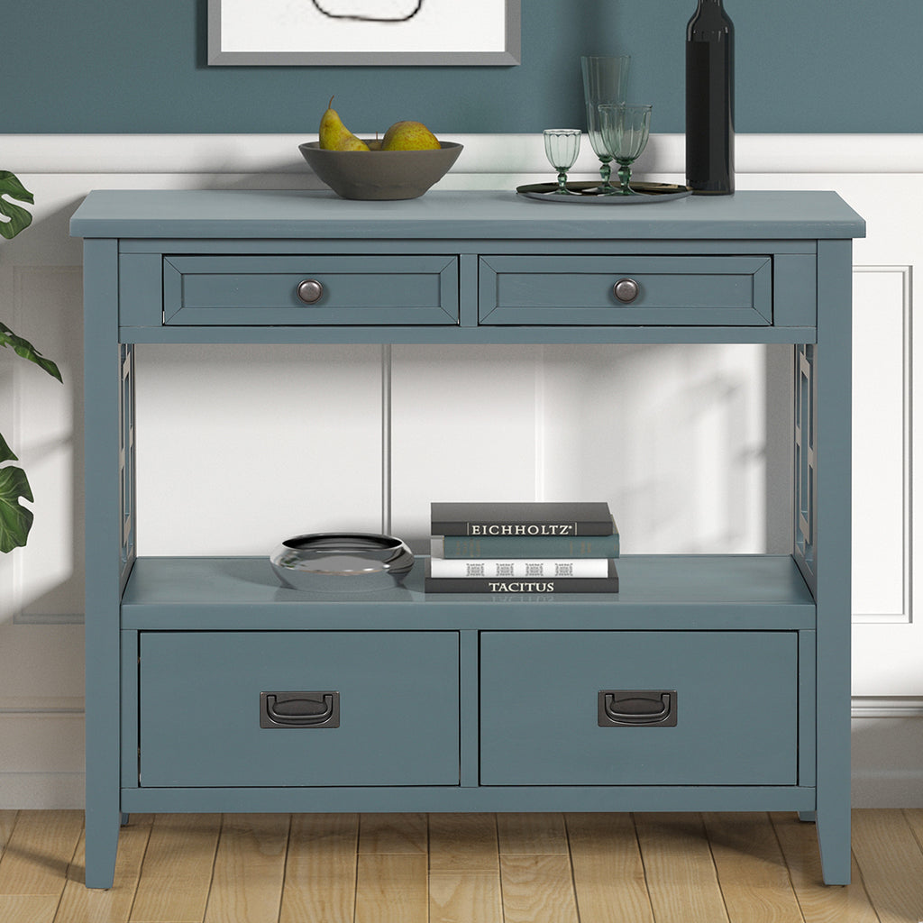 Blue farmhouse console table four drawers — front view