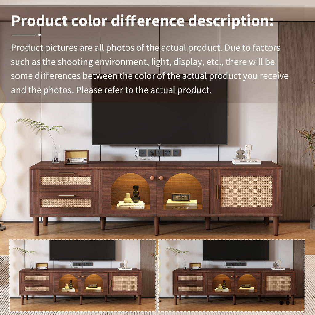 Dark brown rattan media console in living room setting