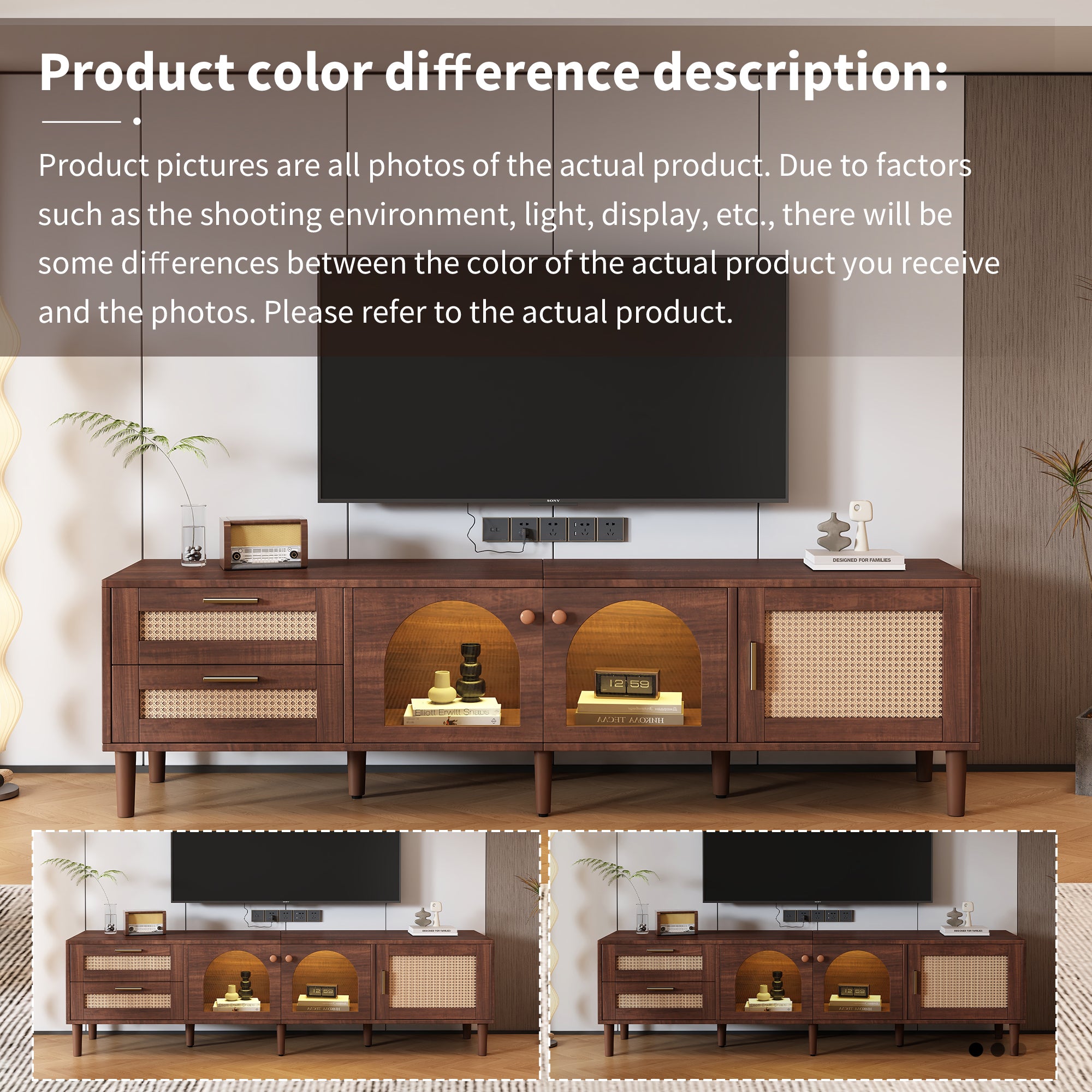 Dark brown rattan media console in living room setting