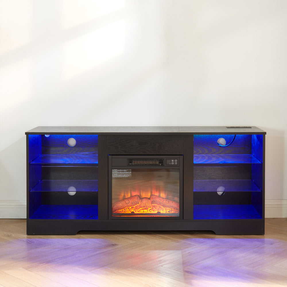 TV Stand with Electric Fireplace — Glass Shelves & USB Outlets for TVs Up to 62"