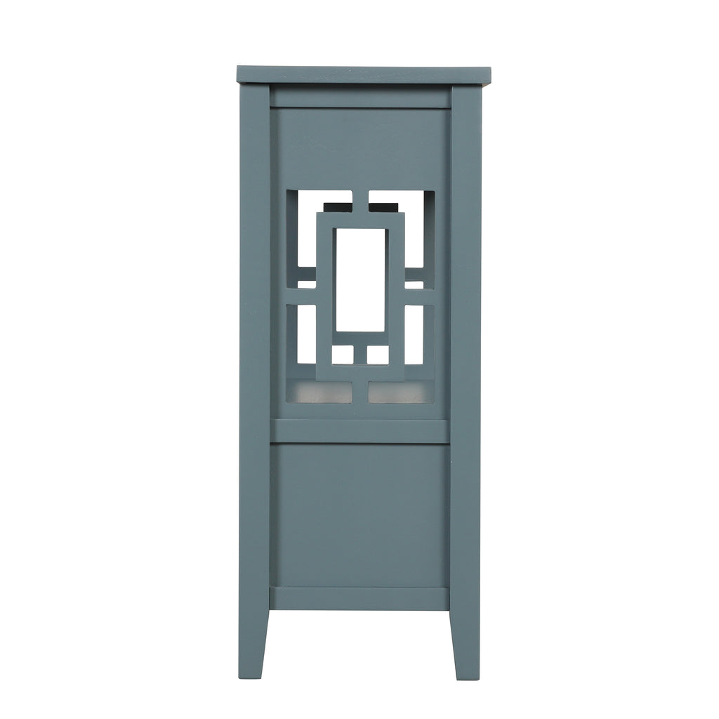 Pine wood console table open storage shelf view