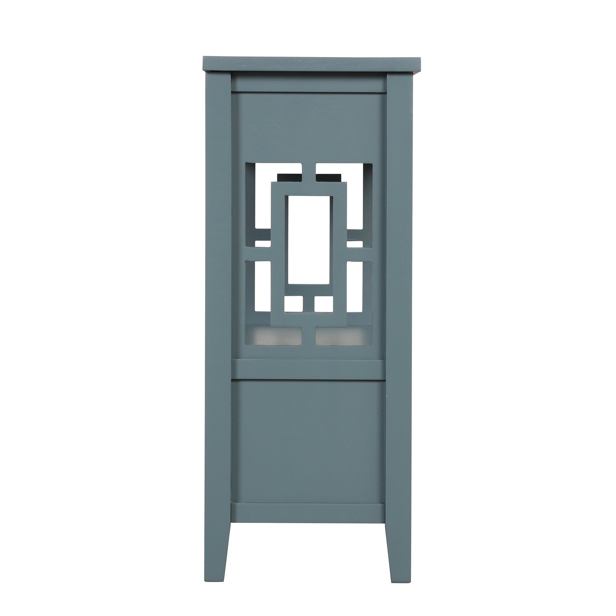 Pine wood console table open storage shelf view