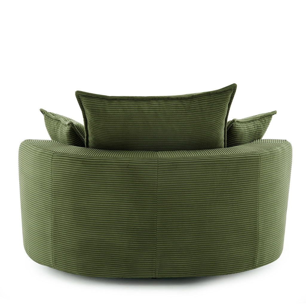 Green corduroy accent chair cushion detail