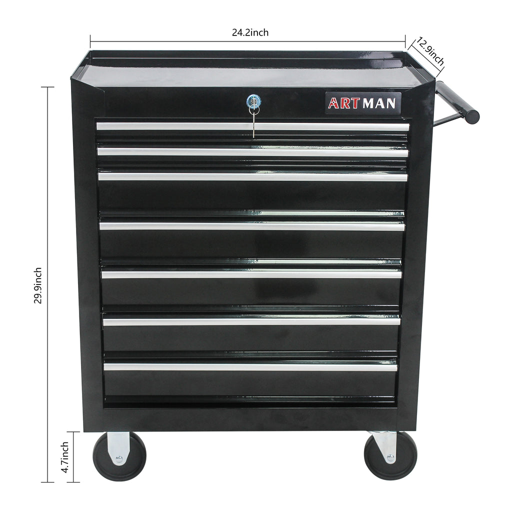 Seven-drawer rolling tool cart in garage workshop setting