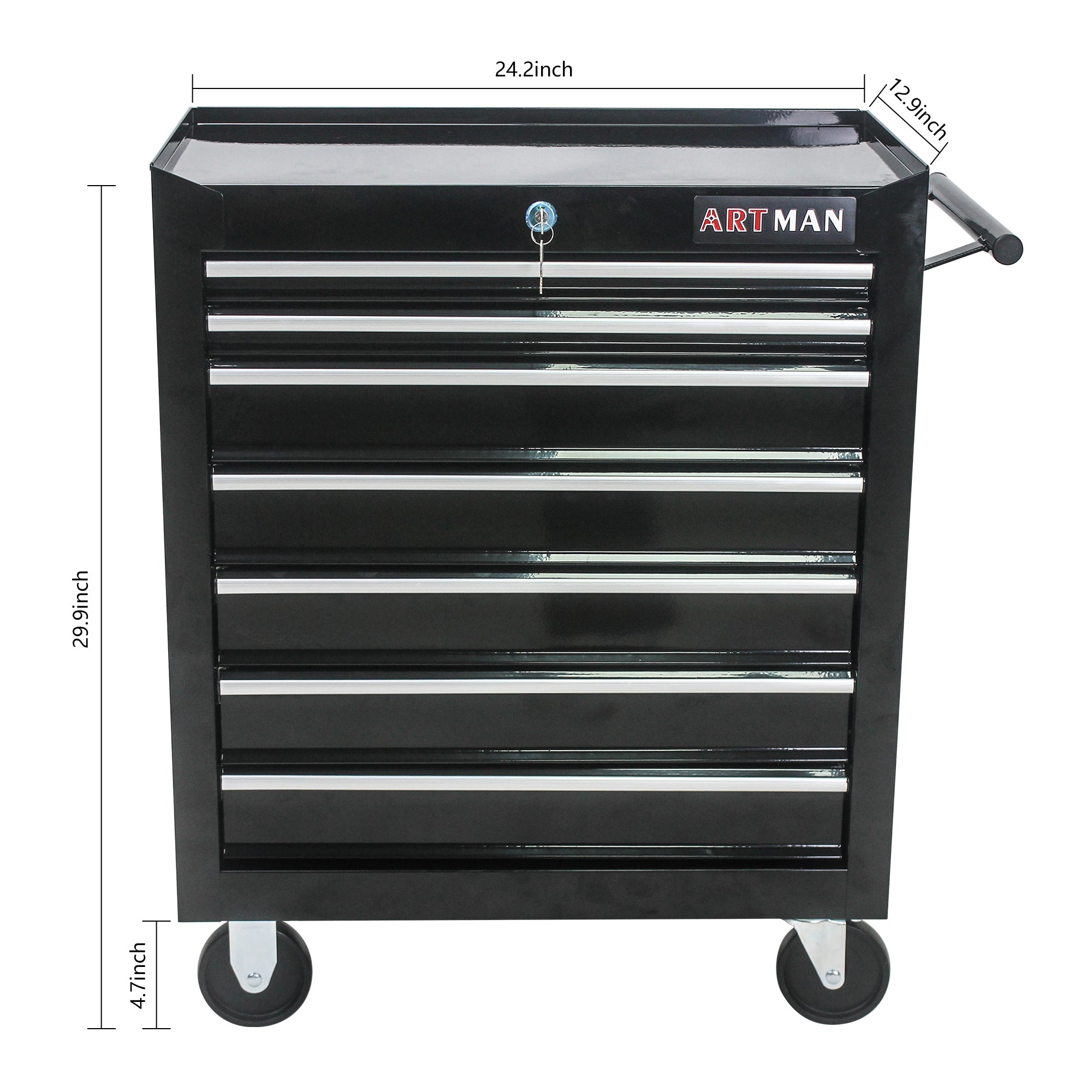 Seven-drawer rolling tool cart in garage workshop setting