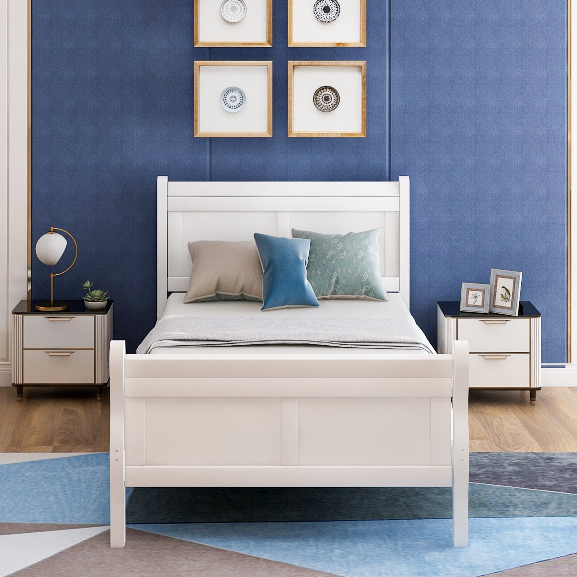 Twin platform bed with footboard — side view